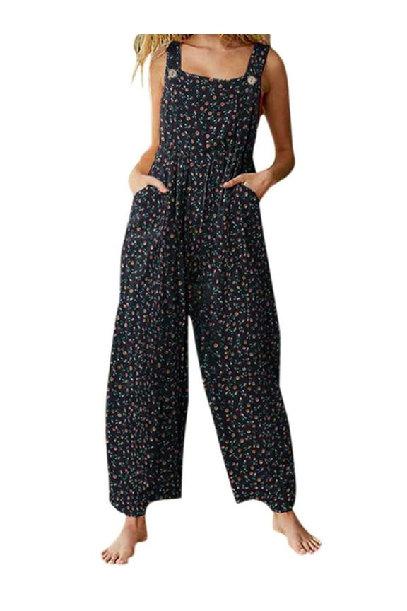 Womens Juniors Wide Leg Overall Jumpsuit Plus Size Printed Baggy Romper Cotton Linen Bib Overalls With Pocket for Teen Girls