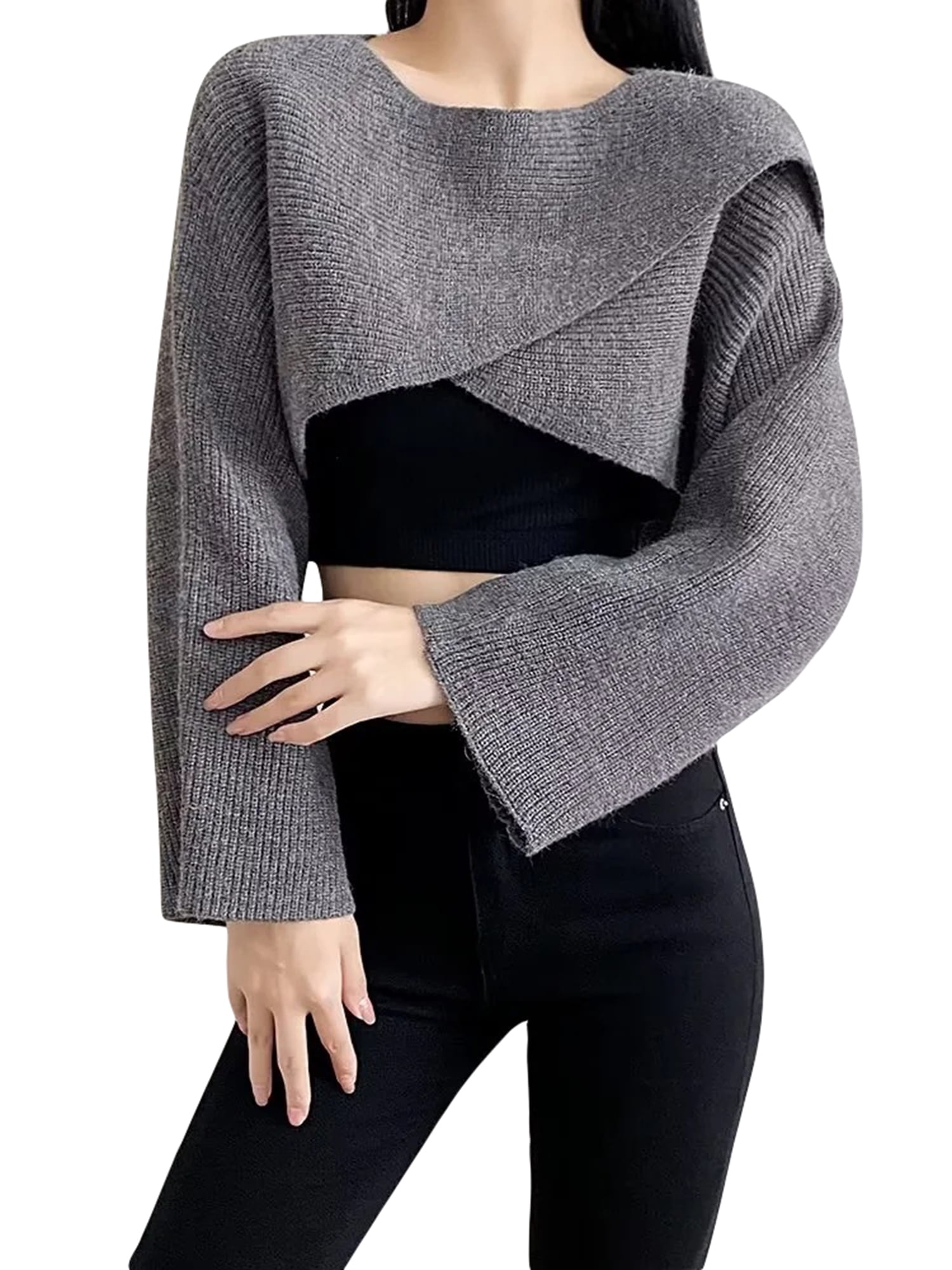 Blotona Womens Long Sleeve Shrug Sweater Super Cropped Drop Shoulder