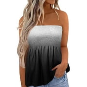 Blotona Womens Plus Size Smocked Tube Tops Strapless Bandeau Pleated Printed Sleeveless Shirts Slim Fit Sexy Summer Dressy Tanks Tops