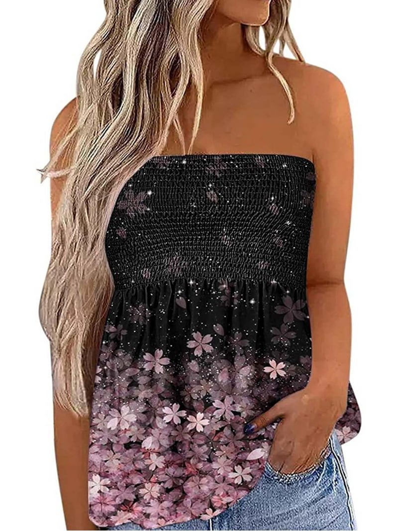 Blotona Womens Plus Size Smocked Tube Tops Strapless Bandeau