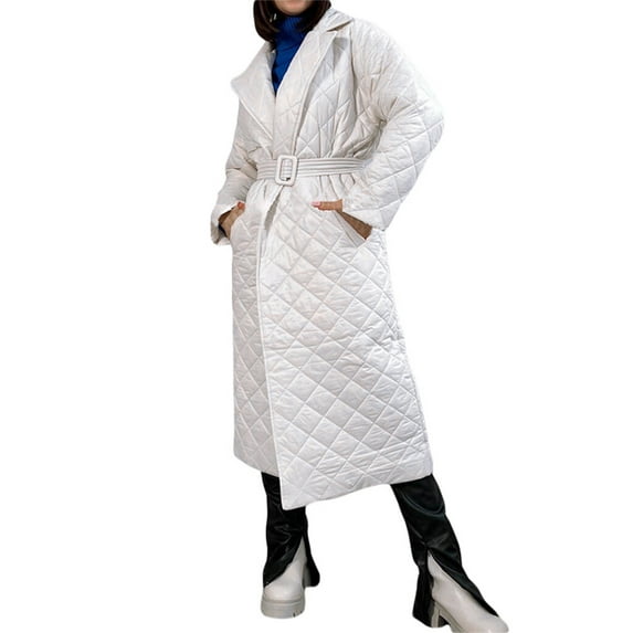 Blotona Womens Quilted Long Coat Long Sleeve Lapel Belted Trench Coat Warm Winter Lightweight Parka Padded Puffer Jacket Coat with Belt