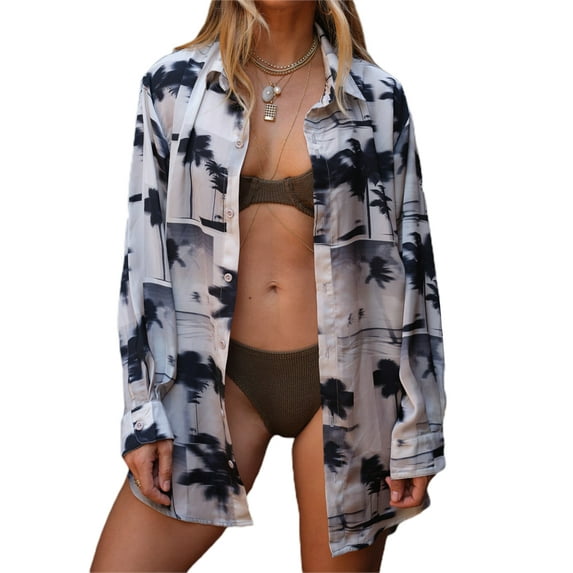 Blotona Womens Slim Shirt Long Sleeve Lapel Zebra Floral Tree Print Button Blouse Spring Autumn