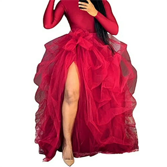 Blotona Womens Tulle Long Skirt Floor Length Layered High Waist Split Skirt A-Line Puffy Mesh Tutu Skirt for Wedding Party