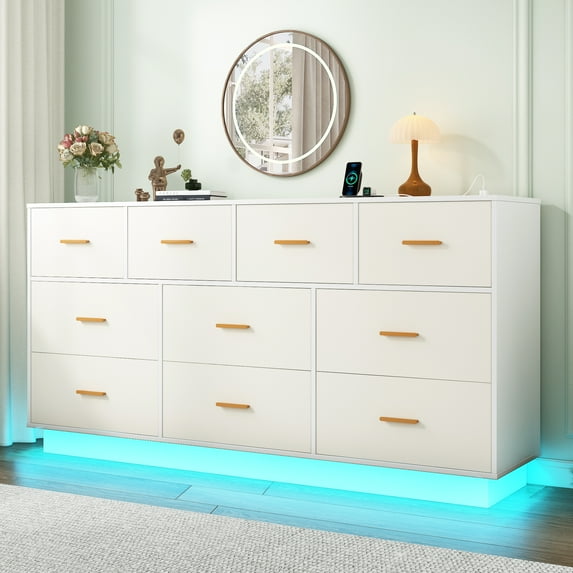 Blotout 10 Drawers Dresser w/Power Outlet, 60000 Colors Lights, 63''Long Wooden Dresser Chest w/Anti-toppling Design, Metal Handles Dresser for Living Room, Hallway, Entryway, Bedroom