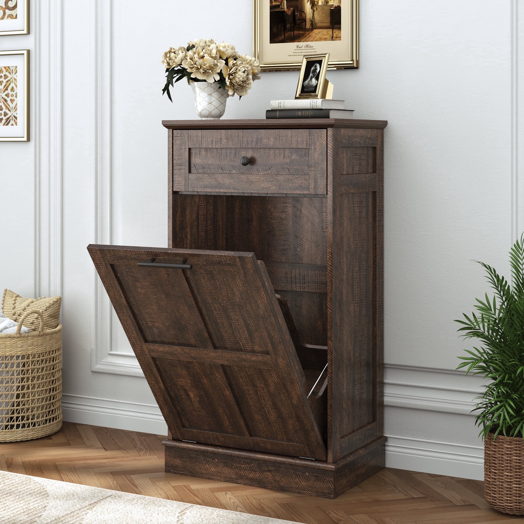 Blotout 13 Gallon Tilt Out Trash Cabinet, Hidden Wooden Trash Can