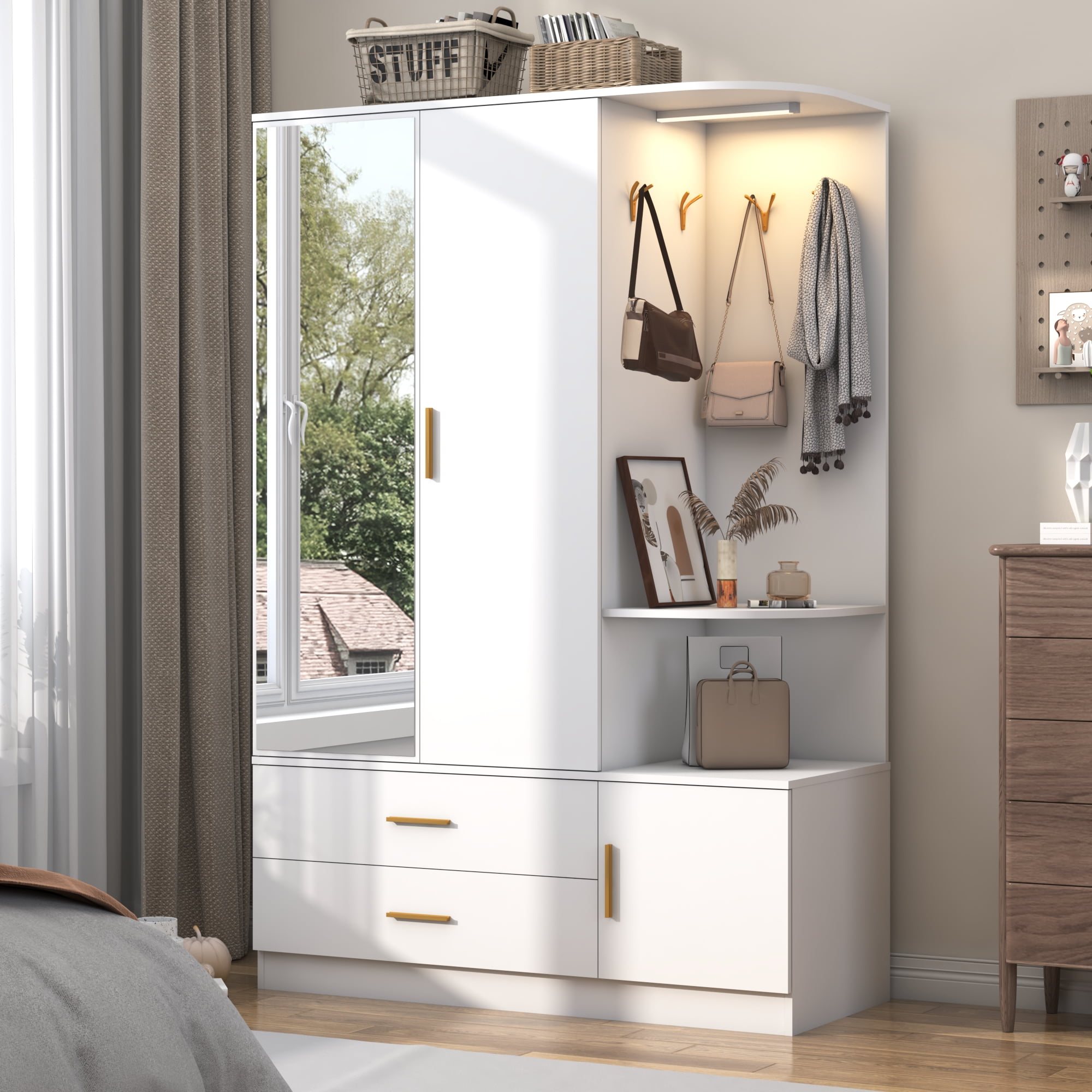 Blotout 2 Door Armoire Wardrobe Closet with Mirror & Sensor Lights, 71'' Large Wardrobe Armoire with 2 Drawers & Shelves, Modern Wooden Armoire Storage with Hanging Rod for Bedroom, White
