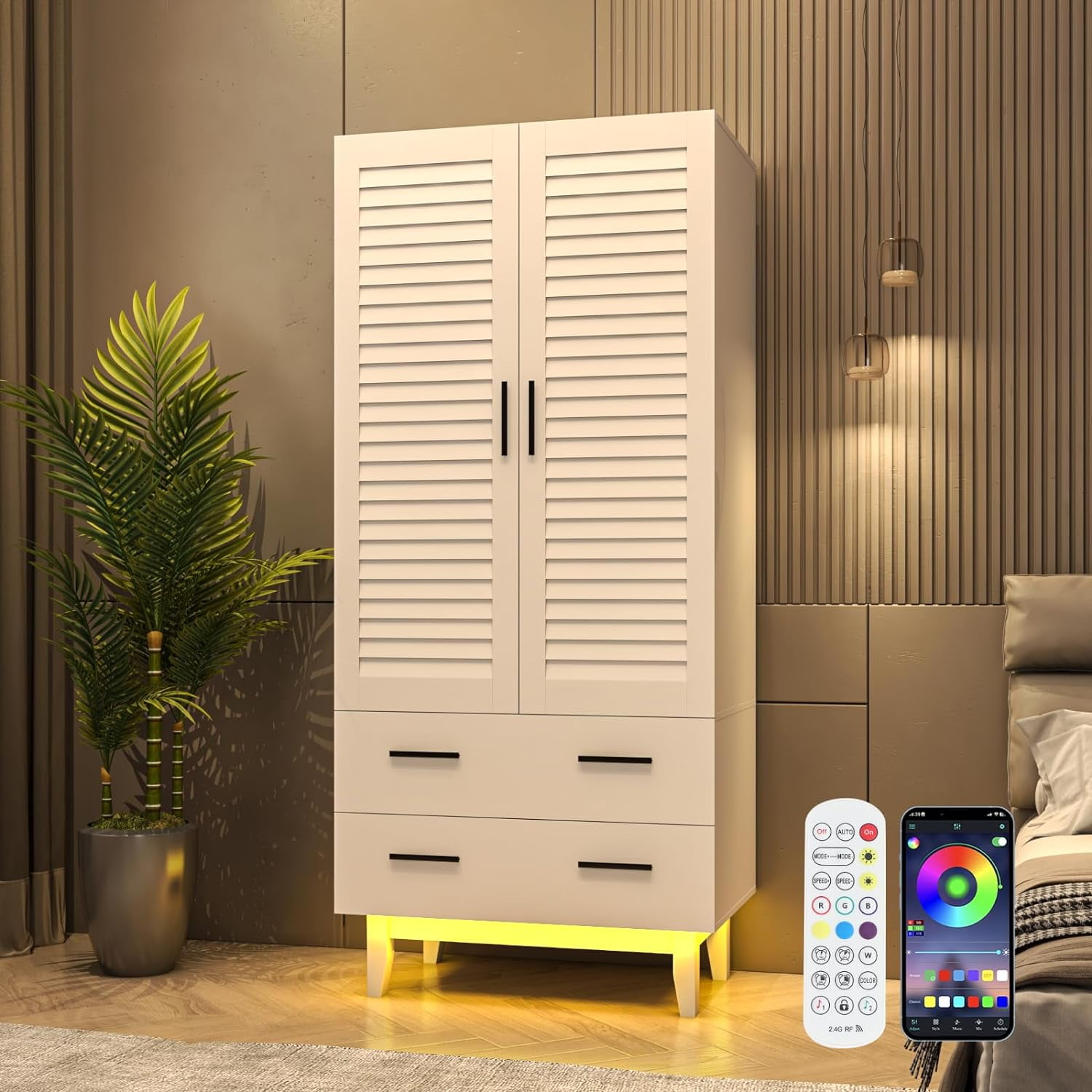 Blotout 70” Tall LED Armoire Wardrobe with Mirror & 2 Drawers, 2 Door LED Wood Wardrobe Armoire with Multi-Layer Shelves & Hanging Rod, Large Capacity Storage Cabinet w/Louver Doors, White
