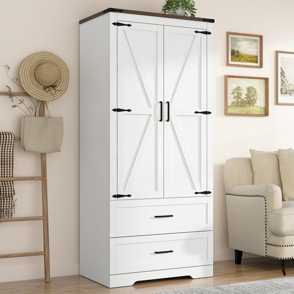 Blotout 2 Door Farmhouse Armoire Wardrobe Closet With 2 Drawers, 70" Tall Wooden Wardrobe Cabinet with Hanging Rod and Adjustable Shelves for Bedroom, White
