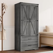 Blotout 2 Door Farmhouse Armoire Wardrobe Closet With 2 Drawers, 70" Tall Wooden Wardrobe Cabinet with Hanging Rod and Adjustable Shelves for Bedroom, Grey