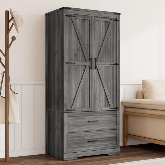 Blotout 2 Door Farmhouse Armoire Wardrobe Closet With 2 Drawers, 70" Tall Wooden Wardrobe Cabinet with Hanging Rod and Adjustable Shelves for Bedroom, Grey