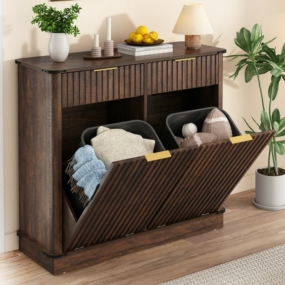 Blotout 20 Gallon Double Tilt-Out Trash Cabinet,Fluted Laundry Hamper Cabinet with 2 Drawers & Charging Station,Hidden Wooden Garbage Can Cabinet for Kitchen & Living Room