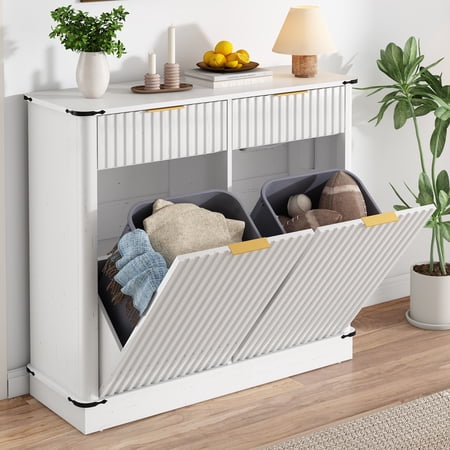 Blotout 20 Gallon Double Tilt-Out Trash Cabinet,Fluted Laundry Hamper Cabinet with 2 Drawers & Charging Station,Hidden Wooden Garbage Can Cabinet for Kitchen & Living Room