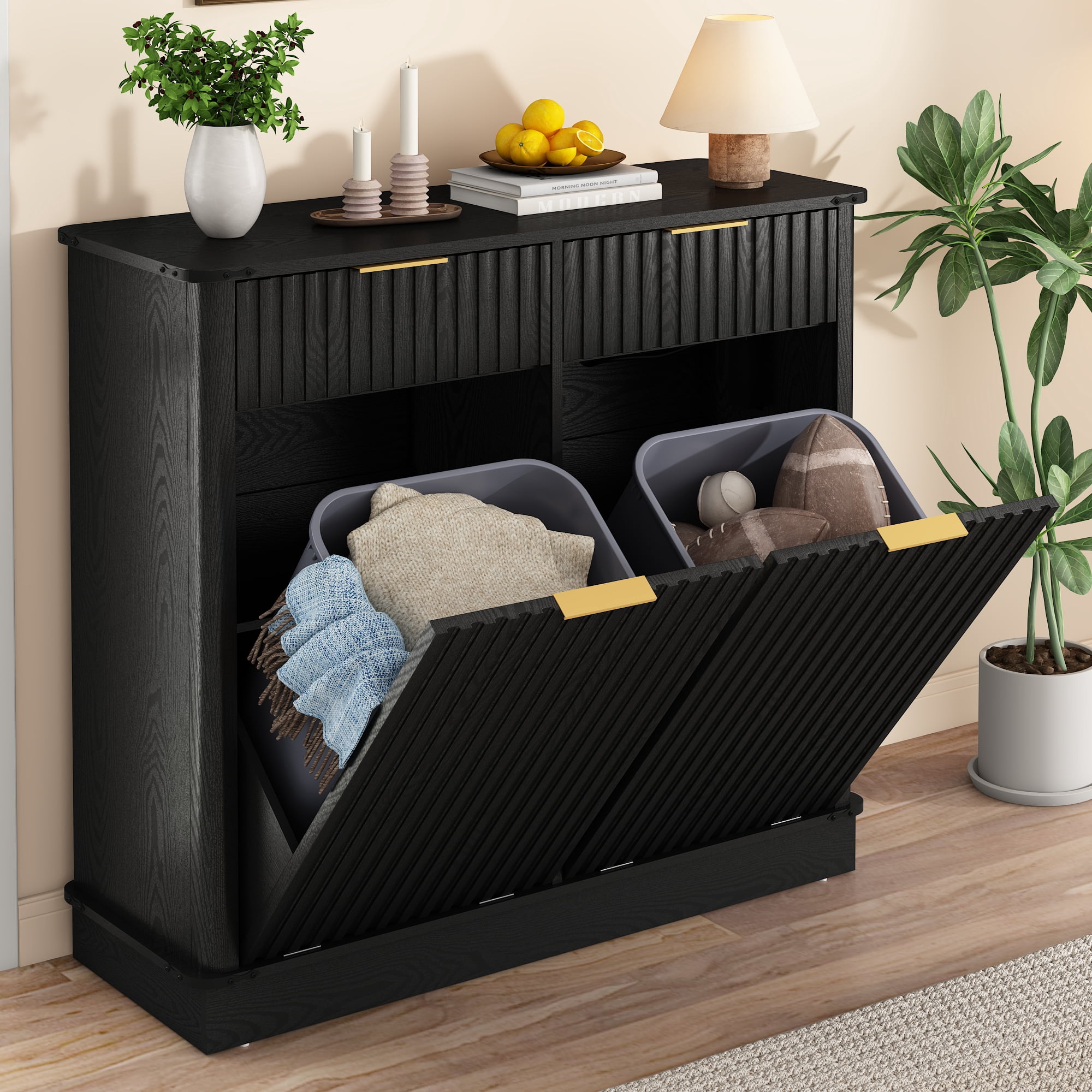 Blotout 20 Gallon Double Tilt-Out Trash Cabinet,Fluted Laundry Hamper Cabinet with 2 Drawers & Charging Station,Hidden Wooden Garbage Can Cabinet for Kitchen & Living Room