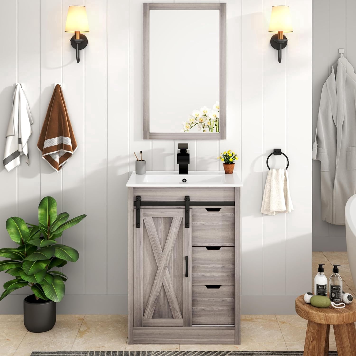 Blotout 24" Bathroom Vanity with Sink & Faucet & Mirror, Farmhouse Bathroom Vanity Cabinet Set with Sliding Barn Door & 3 Drawers, Freestanding Single Bath Storage Vanity Ceramic Sink, Grey