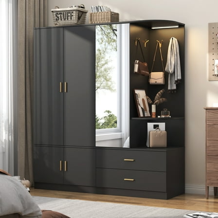 Blotout 3 Door Armoire Wardrobe Closet with Mirror & Sensor Lights, 70'' Large Wardrobe Armoire with 2 Drawers & Shelves, Modern Wooden Armoire Storage with Hanging Rod for Bedroom, Black