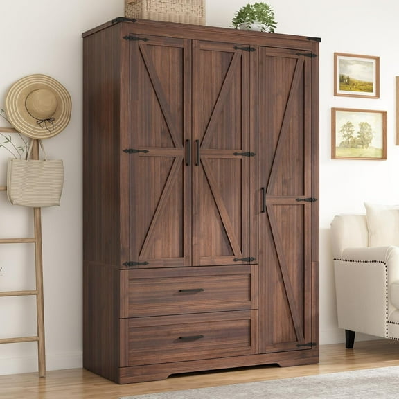 Blotout 3 Door Wardrobe Closet with Doors and Drawers, Bedroom Armoire with Shelves, Farmhouse Wooden Armoire Wardrobe Closet with Hanging Rod for Bedroom, Brown