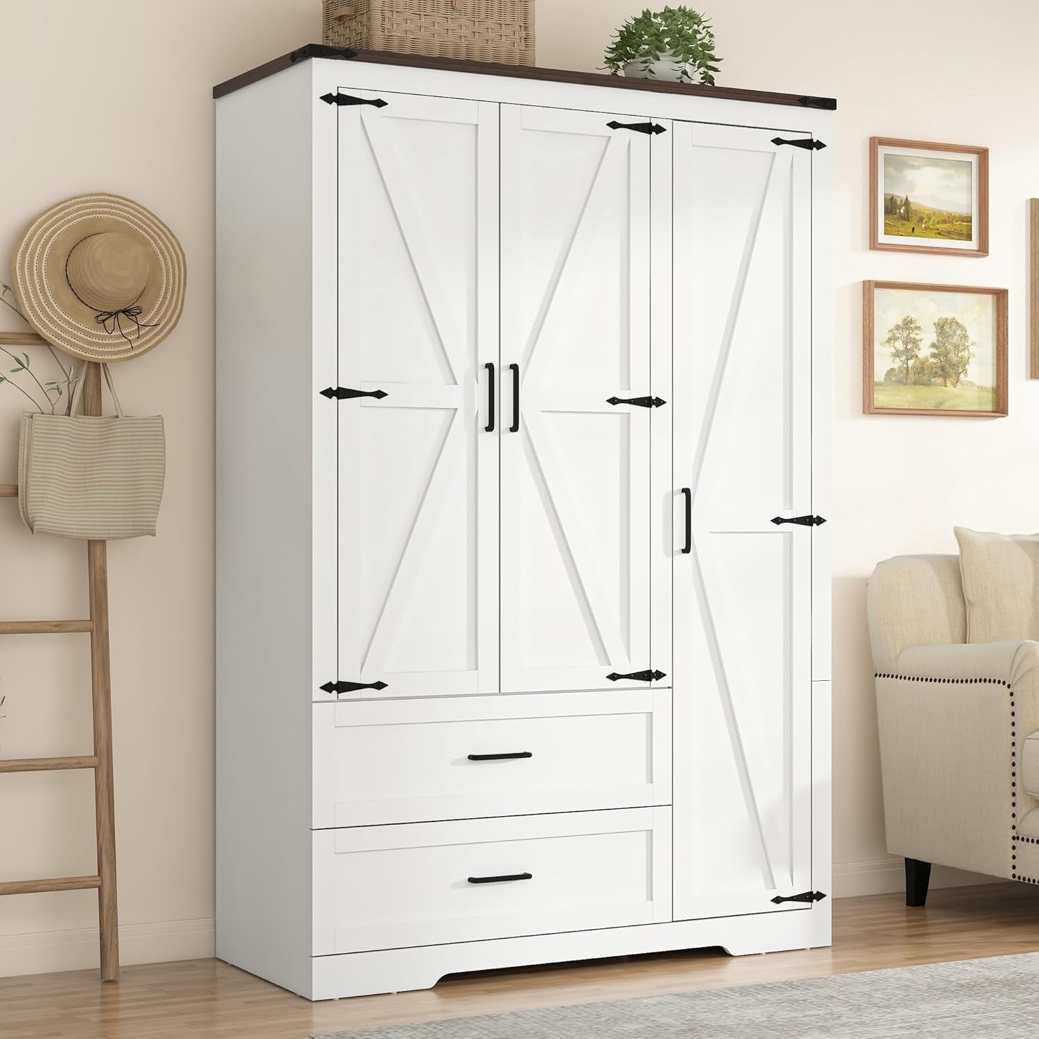 Blotout 3 Door Wardrobe Closet with Doors and Drawers, Bedroom Armoire with Shelves, Farmhouse Wooden Armoire Wardrobe Closet with Hanging Rod for Bedroom, White