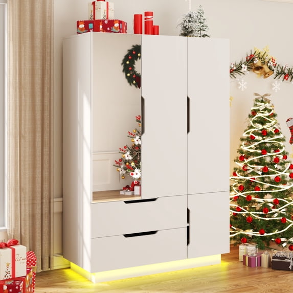 Blotout 3 Door Wardrobe Closet with Mirror & LED Lights, Bedroom Armoire with 2 Drawers and Multi-Layer Shelves , Modern Wooden Armoire Wardrobe Closet with Hanging Rod for Bedroom