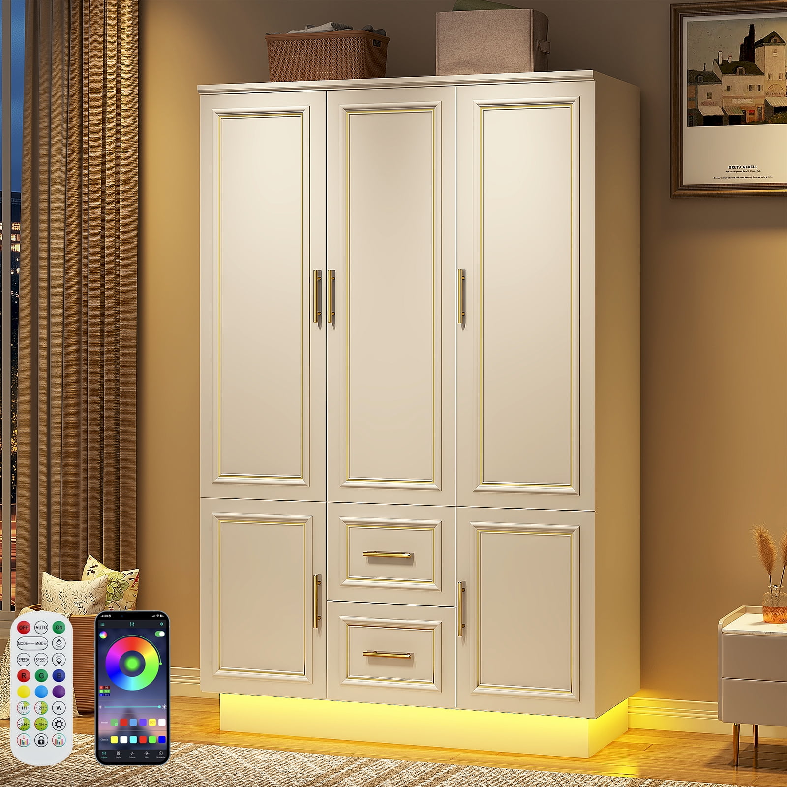 Blotout 75" Tall 3 Doors Armoire Wardrobe Closet with LED Lights, LED Armoire with Doors and Drawers, Wooden Armoire Storage Cabinet with Hanging Rod, Adjustable Shelves