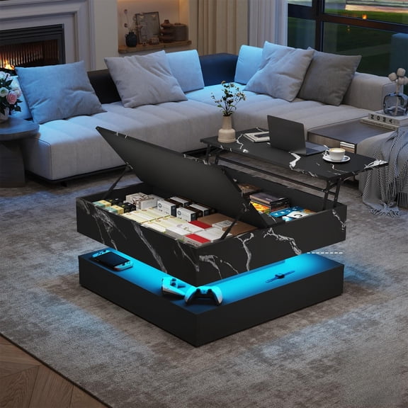 Blotout 35.4" LED Square Coffee Table with Lifting top and Charging Station, Modern 2-Tier Coffee Table with Large Hidden Compartment Storage for Living Room, Office, Black Marble