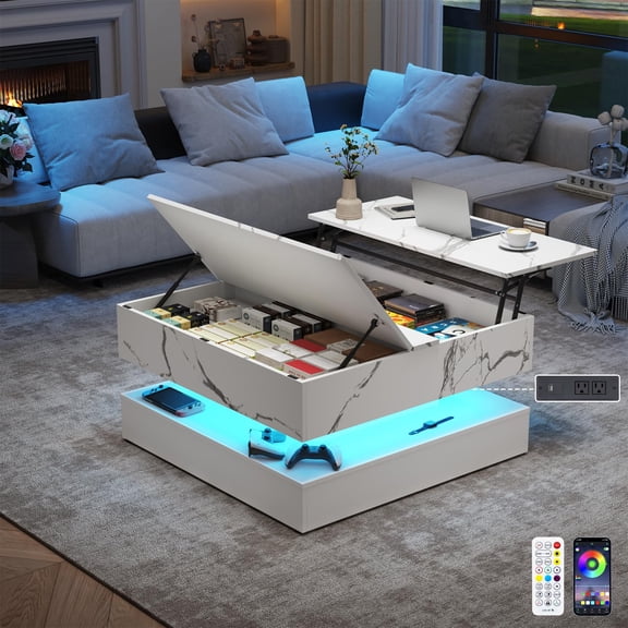 Blotout 35.4" LED Square Coffee Table with Lifting top and Charging Station, Modern 2-Tier Coffee Table with Large Hidden Compartment Storage for Living Room, Office, White Marble
