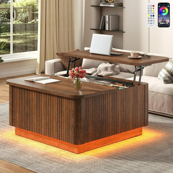 Fluted Lift Top Coffee Table with LED Lights, 35" Square Farmhouse Coffee Table with Large Hidden Compartment & Rising Top, Modern Wood Multi-Function Center Tables for Living Room, Walnut