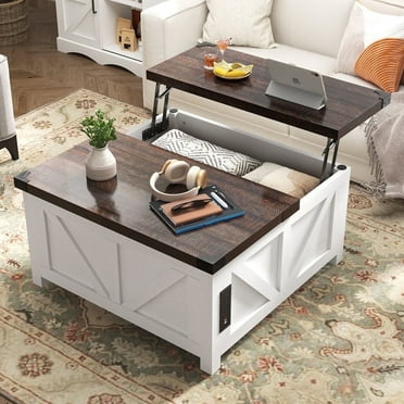 35.6" Farmhouse Lift Top Coffee Table with Charging Ports,Large Square Coffee Table with Storage, Wood Center Table w/Large Hidden Space for Living Room Home Office,White Brown