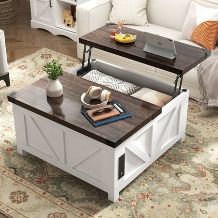 35.6" Farmhouse Lift Top Coffee Table with Charging Ports,Large Square Coffee Table with Storage, Wood Center Table w/Large Hidden Space for Living Room Home Office,White Brown