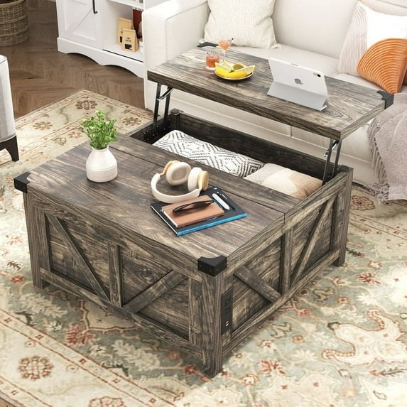 35.6" Lift Top Coffee Table with Storage, Farmhouse Square Coffee Table with Charging Ports, Wood Center Table w/Large Hidden Space for Living Room Home Office,Dark Grey