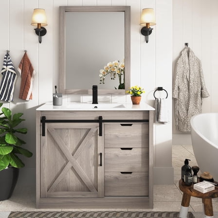Blotout 36" Bathroom Vanity with Sink & Faucet & Mirror, Farmhouse Bathroom Vanity Cabinet Set with Sliding Barn Door & 3 Drawers, Freestanding Single Bath Storage Vanity Ceramic Sink, Grey