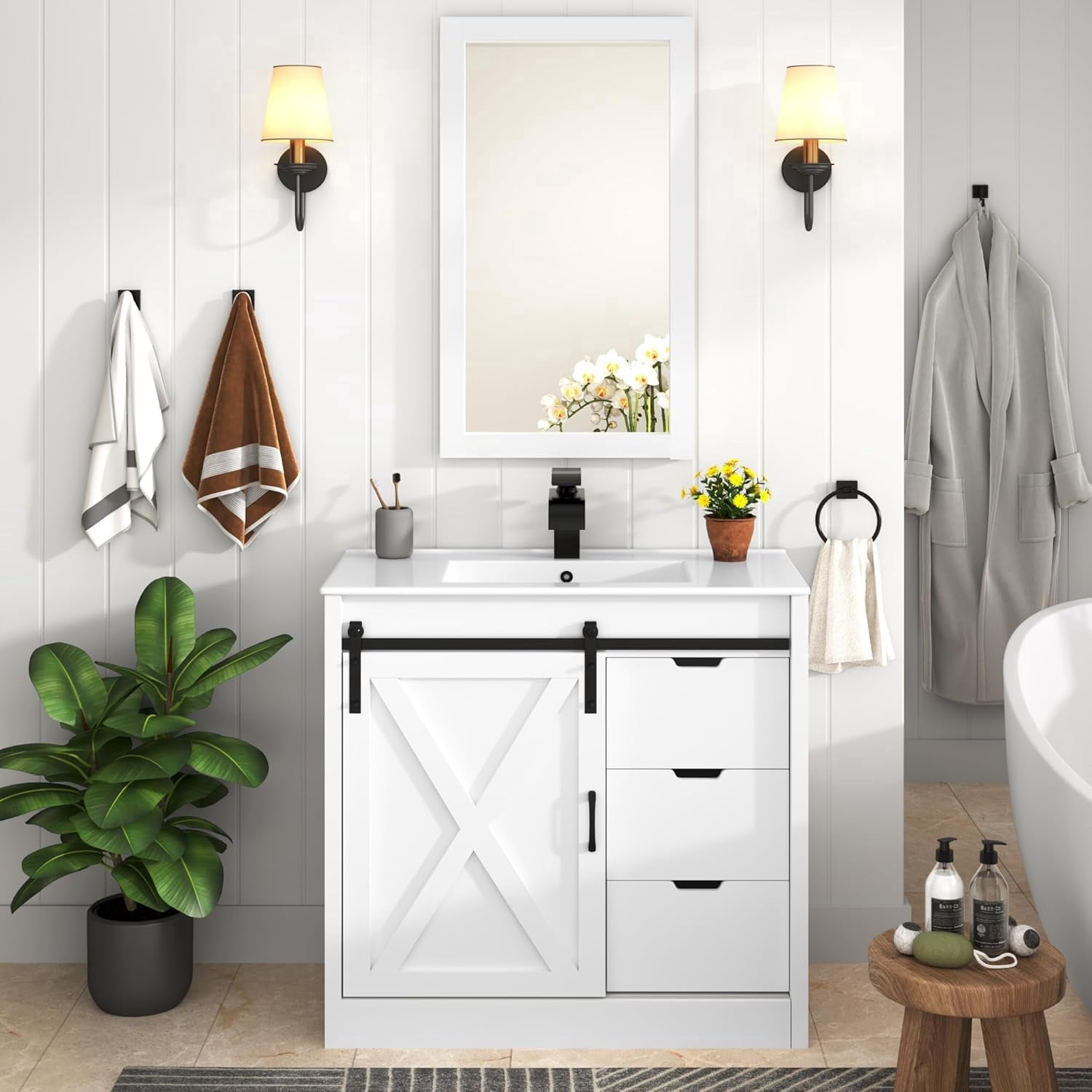 Blotout 36" Bathroom Vanity with Sink & Faucet & Mirror, Farmhouse Bathroom Vanity Cabinet Set with Sliding Barn Door & 3 Drawers, Freestanding Single Bath Storage Vanity Ceramic Sink, White