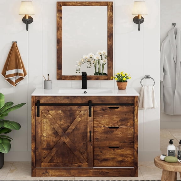 Blotout 36" Bathroom Vanity with Sink & Faucet & Mirror, Farmhouse Bathroom Vanity Cabinet Set with Sliding Barn Door & 3 Drawers, Freestanding Single Bath Storage Vanity Ceramic Sink, Rustic Brown