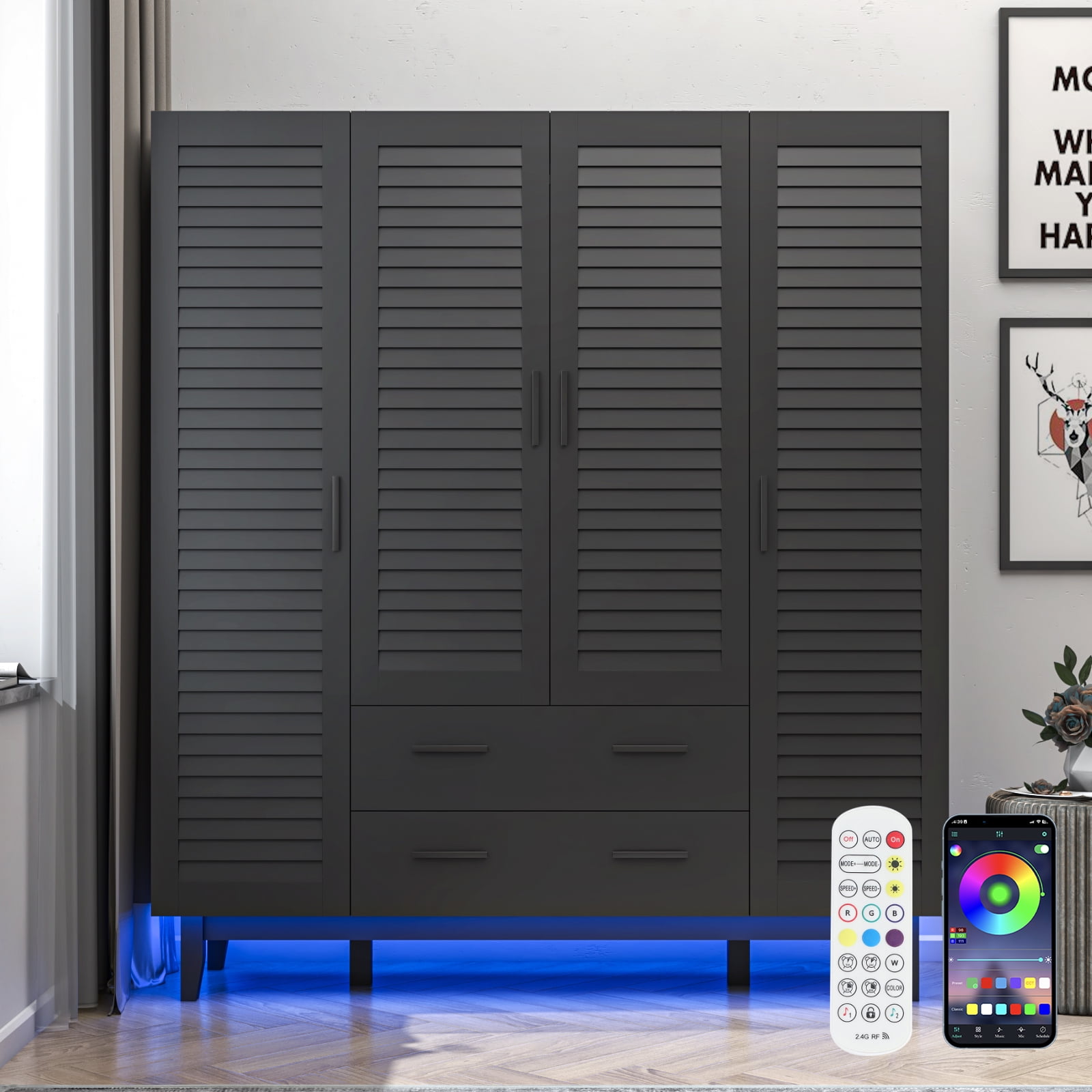 Blotout 70" Armoire Wardrobe Closet with Mirror & LED Lights, 4 Door Wardrobe Armoire with 2 Large Drawers, LED Wood Armoire Storage with Hanging Rods and Multi-Layer Shelves(Black)