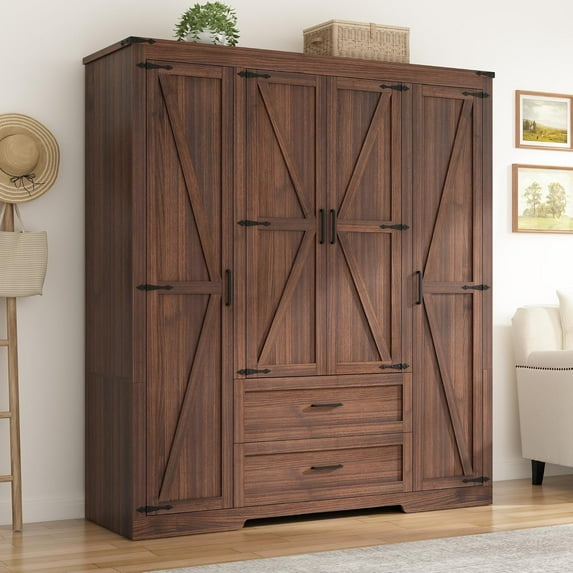 Blotout 4 Door Farmhouse Armoire Wardrobe Closet With 2 Drawers, 70" Tall Wooden Wardrobe Cabinet with Hanging Rod and Adjustable Shelves for Bedroom, Brown