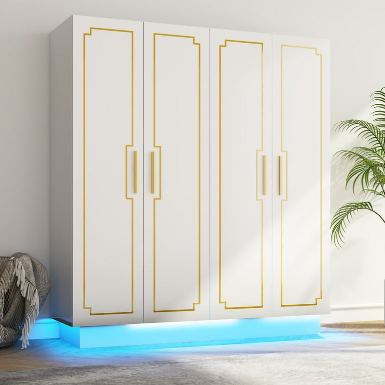 Blotout Wood Metal 4 Door Wardrobe Armoire with LED Light 70 Large Closet Storage with Hanging Rods Shelves White Walmart