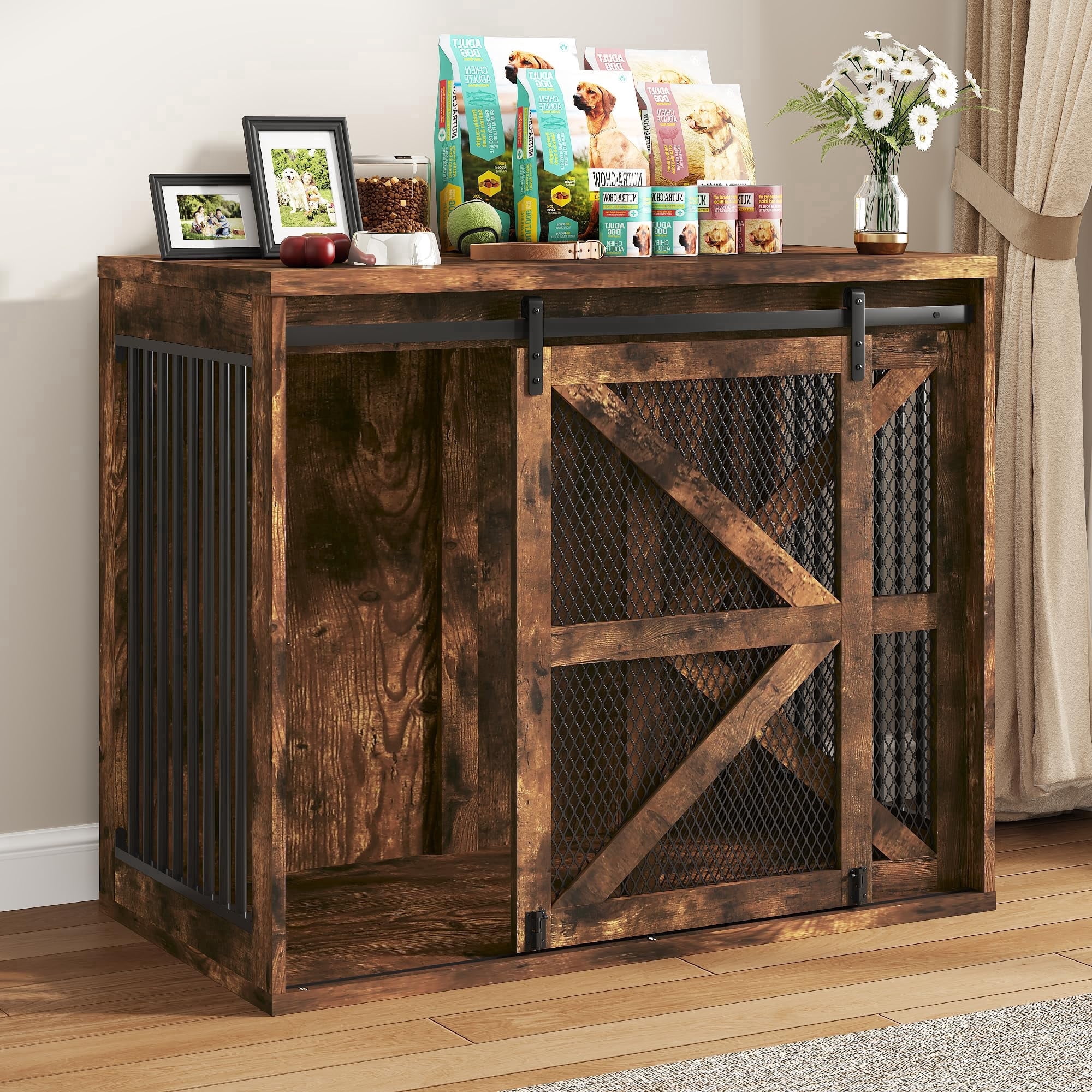 Blotout 43.3" Farmhouse Dog Crate Furniture, Wooden Dog Crate Furniture with Sliding Metal Mesh Barn Door, Solid Metal Tube & 2 Lockable Doors, XL Rustic Brown