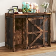 Blotout 43.3" Farmhouse Dog Crate Furniture, Wooden Dog Crate Furniture with Sliding Metal Mesh Barn Door, Solid Metal Tube & 2 Lockable Doors, XL Rustic Brown
