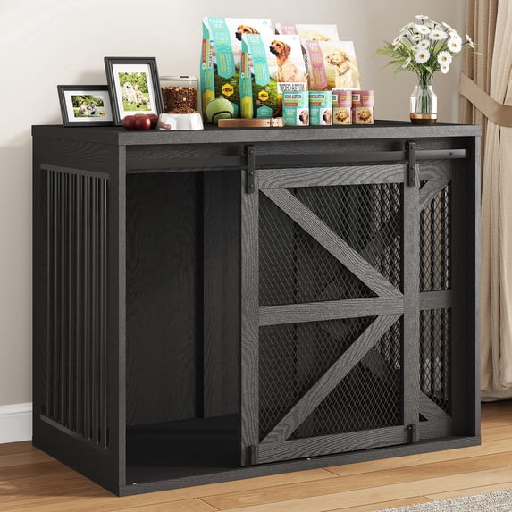 Blotout 47.2" Farmhouse Dog Crate Furniture, Large Wooden Dog Crate Furniture with Sliding Metal Mesh Barn Door and Solid Metal Tube & 2 Lockable Doors, XXL, Black
