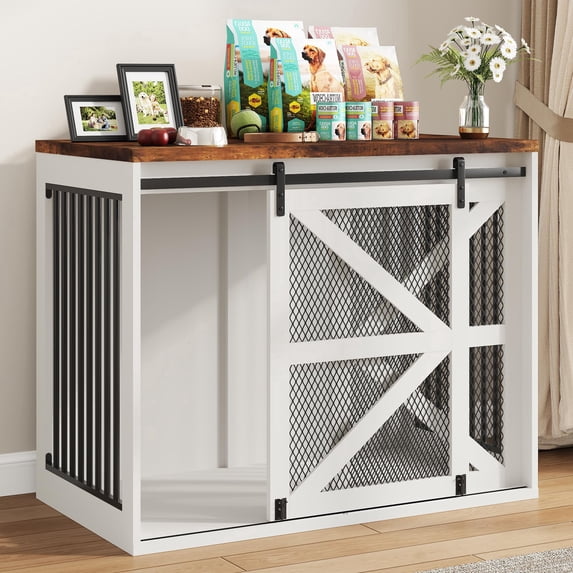 Blotout 47.2" Farmhouse Dog Crate Furniture, Large Wooden Dog Crate Furniture with Sliding Metal Mesh Barn Door and Solid Metal Tube & 2 Lockable Doors, XXL, White Brown