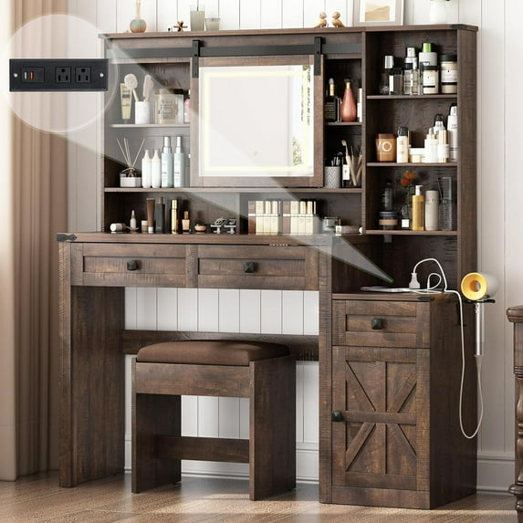 Blotout 47" Large Farmhouse Vanity Set with Stool and Sliding Mirror Lights, Rustic Brown Makeup Vanity Desk Set Dressing Table with Glass Tabletop, Power Outlet, Storage Shelves