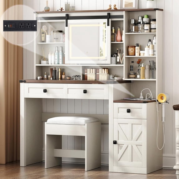 Blotout 47" Large Farmhouse Vanity Set with Stool and Sliding Mirror Lights, Rustic White Makeup Vanity Desk Set Dressing Table with Glass Tabletop, Power Outlet, Storage Shelves