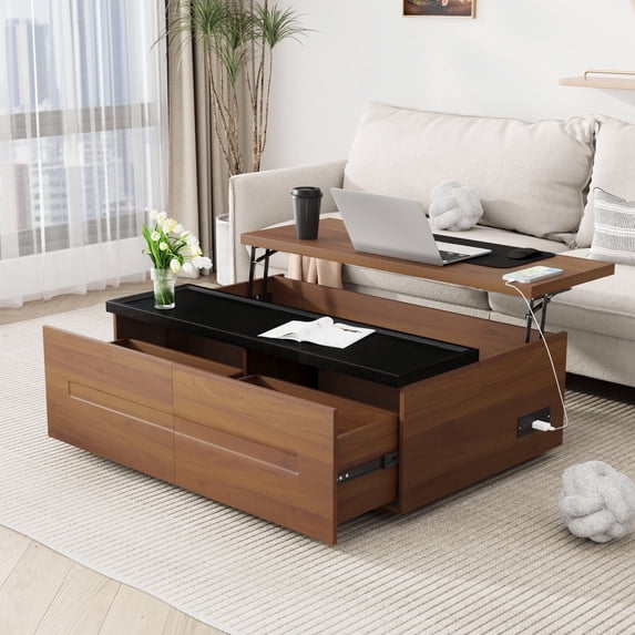 47" Large Lift Top Coffee Table with Power Outlets & 2 Storage Drawers, Morden Wooden Coffee Table w/Hidden Compartment Storage, Center Lift Coffee Table for Living Room,Walnut&Black