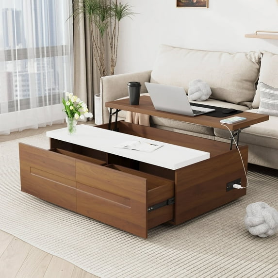 47" Large Lift Top Coffee Table with Power Outlets & 2 Storage Drawers, Morden Wooden Coffee Table w/Hidden Compartment Storage, Center Lift Coffee Table for Living Room,Walnut&White