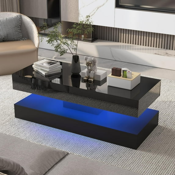 Blotout 47.3" Large Black LED Coffee Table with 2 Storage Drawers, Modern High Gloss Coffee Table w/20 Colors LED Lights, Double-Layer Center Tables for Living Room(Black-47.3")