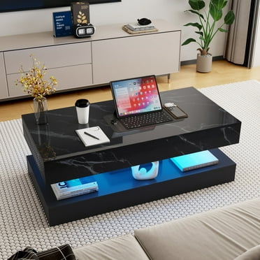 Blotout 47.3" Large Black LED Coffee Table with 2 Storage Drawers, Modern High Gloss Coffee Table w/20 Colors LED Lights & Marbling Print, Double-Layer Center Tables for Living Room(Black-47.3")