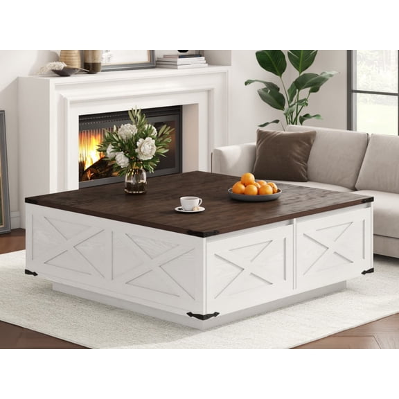 47" Farmhouse Square Coffee Table with 4 Storage Drawers, Large Rustic Center Table for Living Room & Sectional Sofa, Modern Floating Base Design