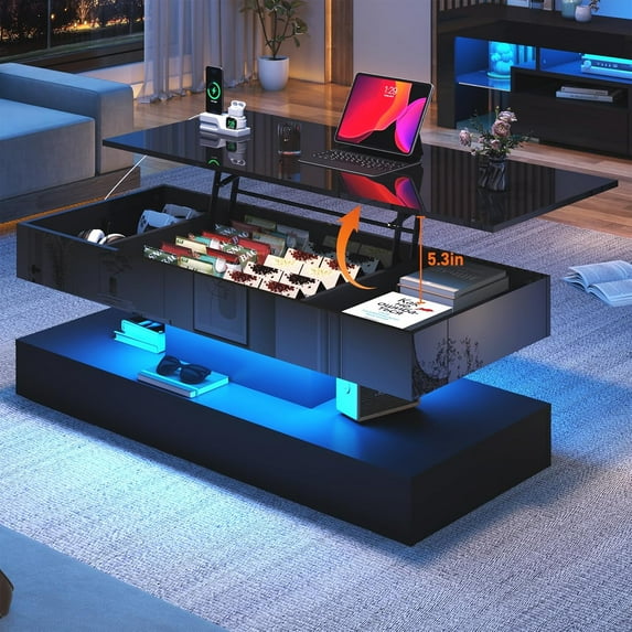 Blotout 47" Lift Top Coffee Table with Charging Station & LED Lights, Large High Glossy White LED Coffee Table with 3 Hidden Compartment Storage, Modern Living Room Tables w/Marbling Print