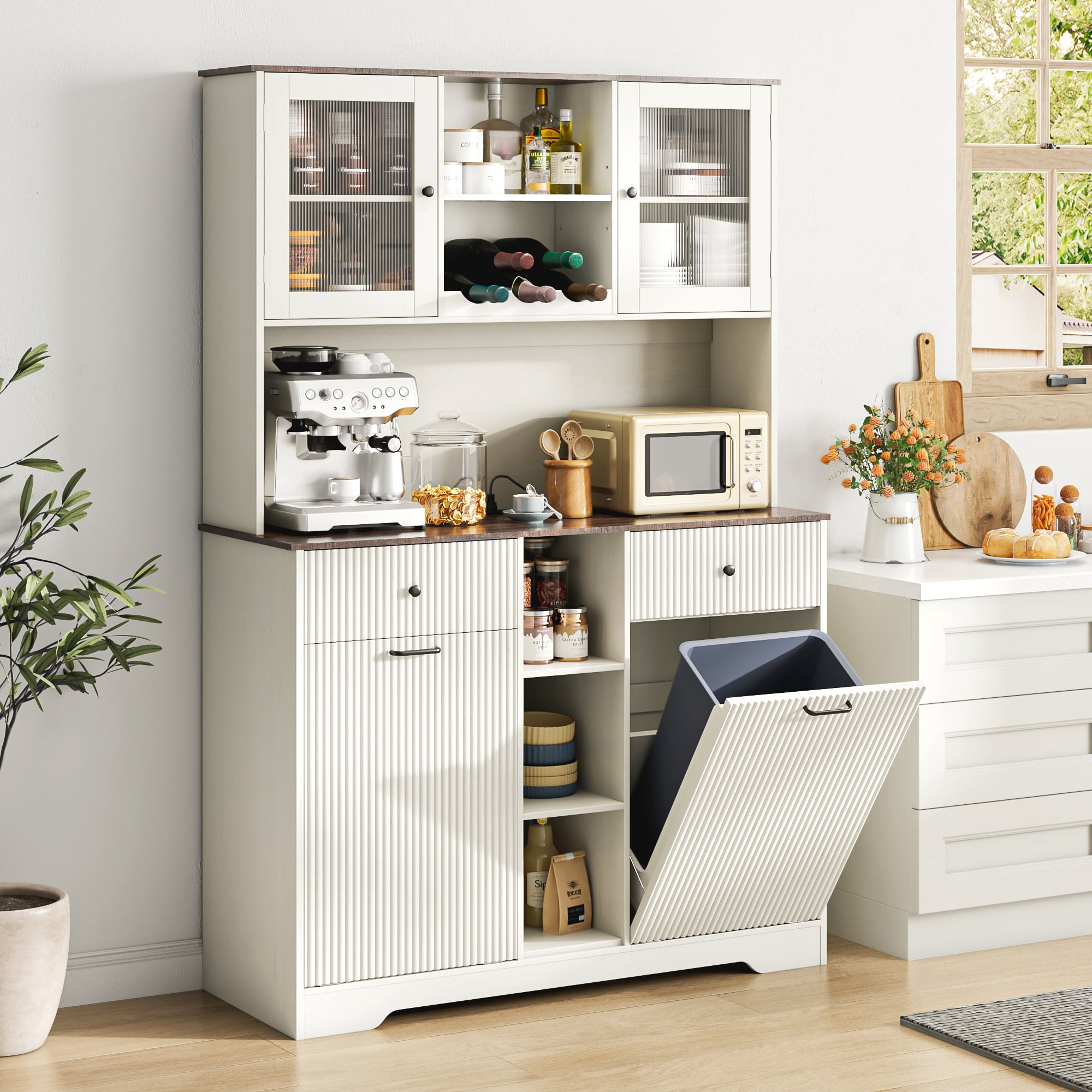 Blotout 47" Wide Kitchen Pantry Storage Cabinet with Charging Station & Microwave Stand, Tall Fluted Kitchen Hutch Cabinet, Double Tilt Out Trash Can Cabinet 10X2 Gallon