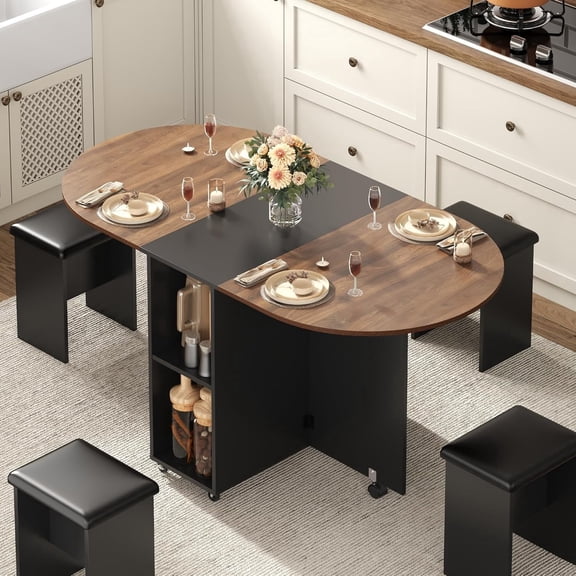Blotout 5 PCS Farmhouse Dining Table Set for 4, 60'' Large Oval Folding Dining Table Set w/4 Leather Chairs,6 Wheels,Drop Leaf Foldable Kitchen Table w/2-Layer Storage Shelf for Small Spaces, Walnut