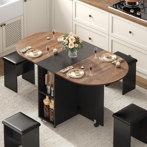 Blotout 5 PCS Farmhouse Dining Table Set for 4, 60'' Large Oval Folding Dining Table Set w/4 Leather Chairs,6 Wheels,Drop Leaf Foldable Kitchen Table w/2-Layer Storage Shelf for Small Spaces, Walnut